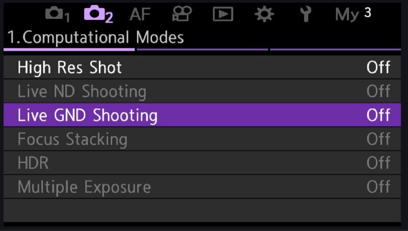 Camera settings menu showing computational modes with options such as High Res Shot, Live ND Shooting, Live GND Shooting (highlighted), Focus Stacking, HDR, and Multiple Exposure, all set to off.