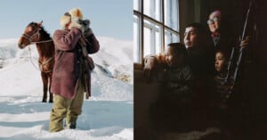 Split image: Left side shows a person in winter clothes with binoculars and a horse on snowy hills. Right side shows a family of five, including a woman with glasses and a rifle, sitting by a window in dim light.
