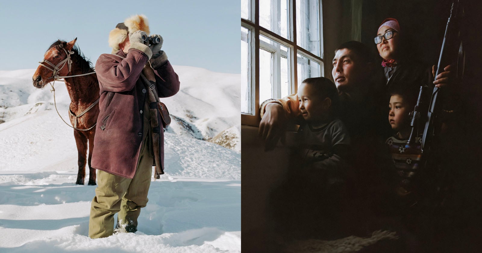 Split image: Left side shows a person in winter clothes with binoculars and a horse on snowy hills. Right side shows a family of five, including a woman with glasses and a rifle, sitting by a window in dim light.