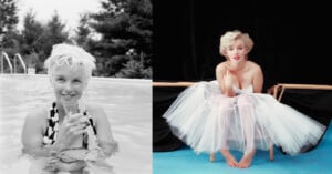 Side-by-side photos: left, a woman with short blonde hair in a pool holding a glass and smiling; right, the same woman in a white tulle dress sitting barefoot on a bench against a black background.