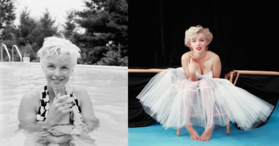 Side-by-side photos: left, a woman with short blonde hair in a pool holding a glass and smiling; right, the same woman in a white tulle dress sitting barefoot on a bench against a black background.