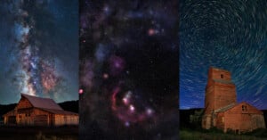 Three images: left, a barn under the Milky Way; center, a close-up of stars and nebulae in the night sky; right, an old wooden building with circular star trails in the sky above it.