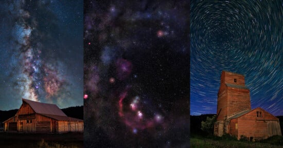 Three images: left, a barn under the Milky Way; center, a close-up of stars and nebulae in the night sky; right, an old wooden building with circular star trails in the sky above it.