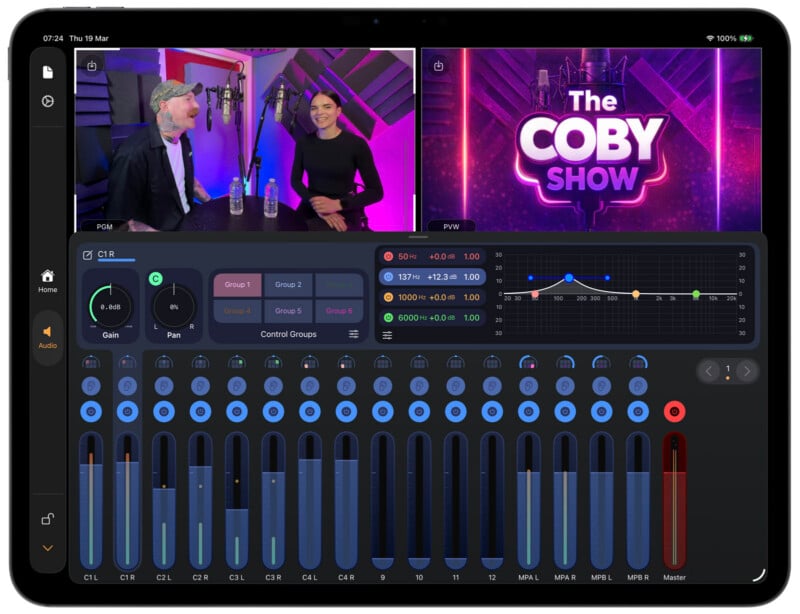 A tablet screen displays a podcast recording setup with two people talking into microphones on the left and “The Coby Show” logo on the right. Audio mixing controls and equalizer settings are visible at the bottom.