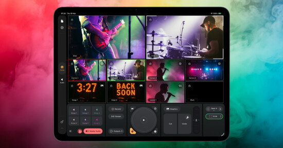 A tablet displays a live video production interface with multiple camera views of musicians performing on stage, along with control buttons and countdown graphics.