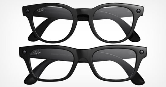 Two pairs of black Ray-Ban eyeglasses are shown, viewed from the front and the back, featuring clear lenses and a thick, classic frame design.