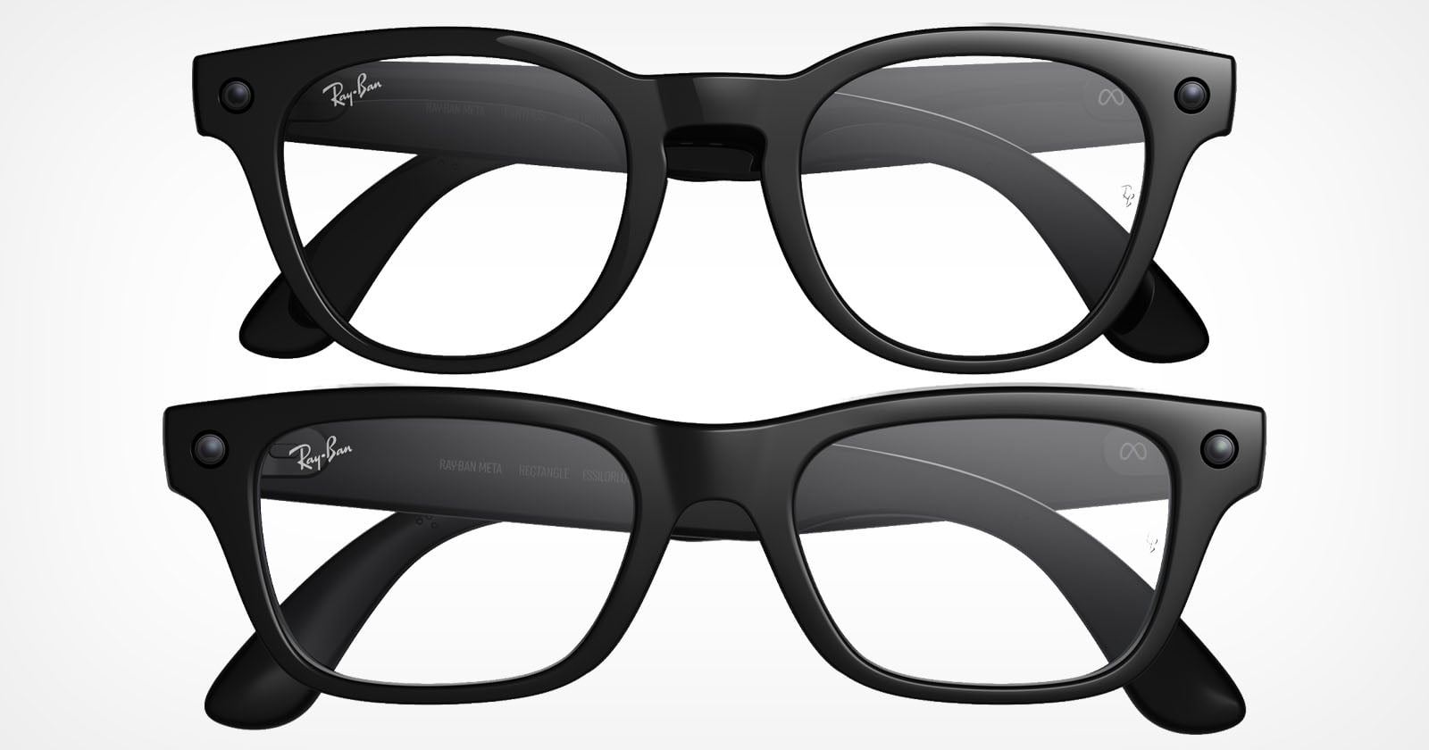 Two pairs of black Ray-Ban eyeglasses are shown, viewed from the front and the back, featuring clear lenses and a thick, classic frame design.