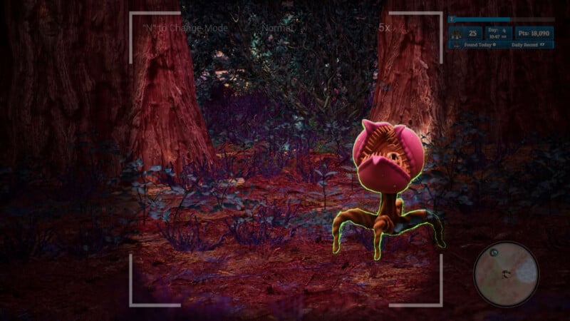 A strange, alien plant with a mouth-like opening and spider-like legs stands on a forest floor between two large trees, viewed through a camera interface overlay.