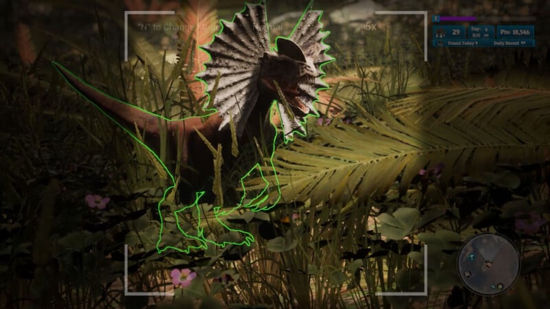 A video game screenshot shows a Dilophosaurus with a large frilled neck highlighted in green outline, standing among dense jungle plants and ferns. Game interface elements are visible in the top right corner.