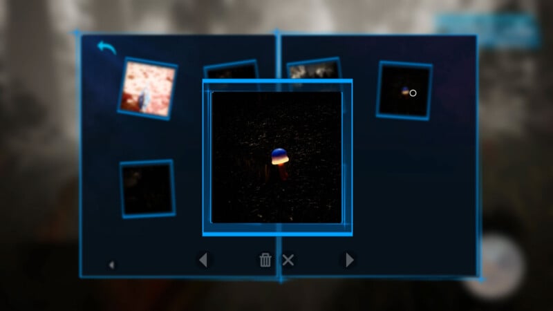 A digital interface displays several blurred, small square photos. The center photo, highlighted in blue, shows a single glowing mushroom in the dark. Navigation and delete icons appear below the image.