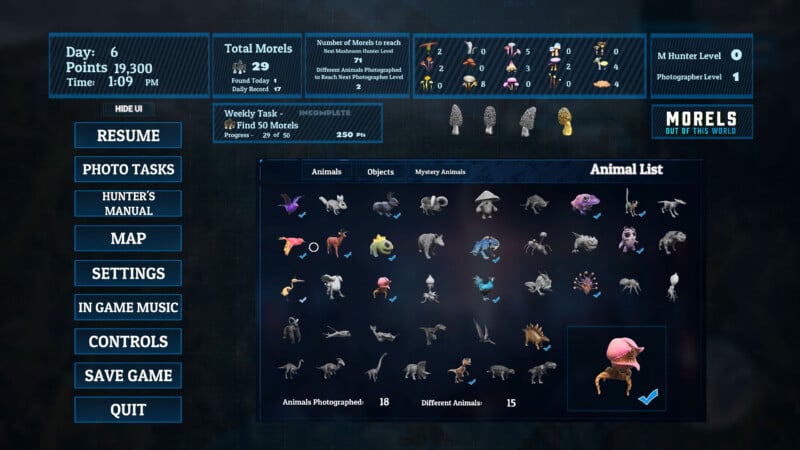 Game menu screen from "Morels: The Hunt" showing a list of photographed animals, icons of different mushroom types, and player stats like total morels found, day, points, time, and weekly task progress.