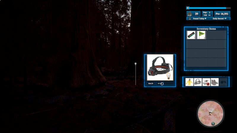 A dark forest scene from a video game. The screen shows an open inventory menu with various items, including a headset, batteries, and a map. A circular minimap is visible in the bottom right corner.