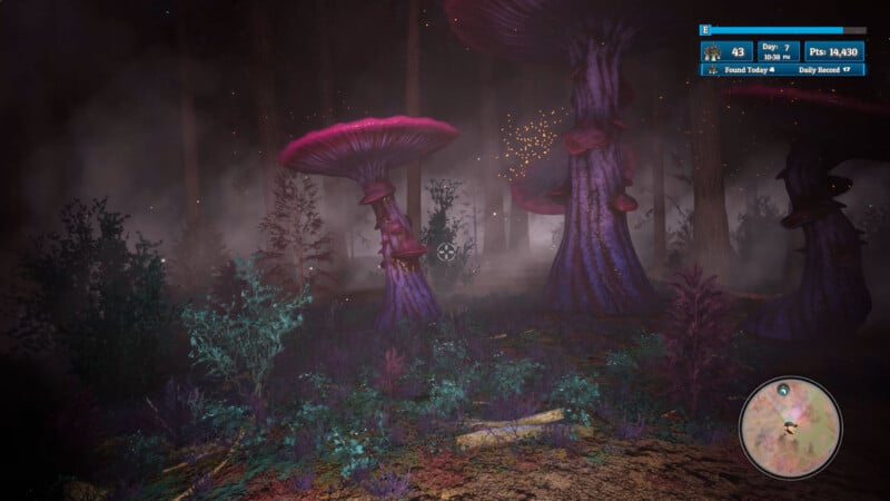 A misty forest scene features large, glowing purple mushrooms, colorful foliage, and sparkling lights. Video game interface elements are visible in the top right and bottom right corners of the screen.