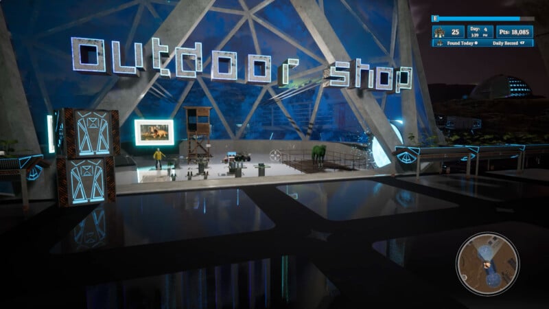 A futuristic outdoor shop with glass walls, neon-lit "Outdoor Shop" sign, plants, shelves, and outdoor equipment on display. A digital interface with stats appears in the top right corner.