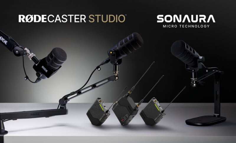 Three professional microphones on stands are displayed alongside three compact wireless microphone transmitters and receivers, with "RODECASTER STUDIO" and "SONAURA MICRO TECHNOLOGY" logos above them on a gradient background.