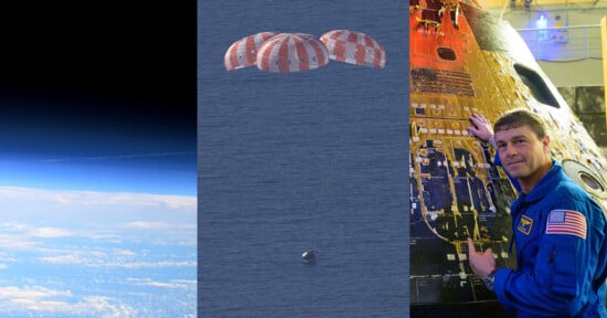 A three-panel image: view of Earth’s atmosphere from space, a spacecraft descending with three parachutes over the ocean, and an astronaut in a blue suit smiling and pointing to a space capsule with mission decals.