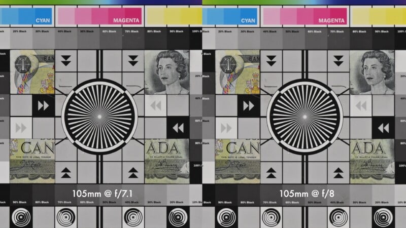 Side-by-side comparison of two camera test charts at 105mm, one at f/7.1 (left) and the other at f/8 (right), showing color and sharpness differences with text, patterns, and images of currency and a woman's portrait.