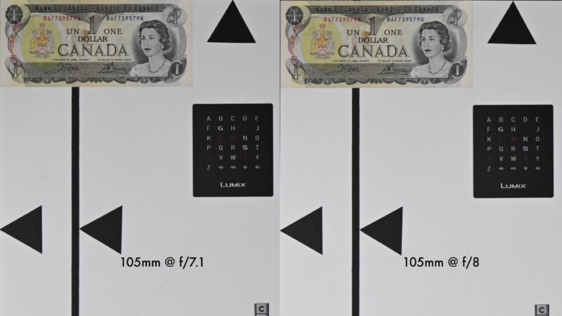Two side-by-side images show a Canadian one-dollar bill above test charts marked "105mm @ f/7.1" (left) and "105mm @ f/8" (right), used to compare sharpness at different camera aperture settings.
