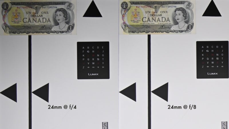 Two comparison charts labeled “24mm @ f/4” and “24mm @ f/8” feature a Canadian one-dollar bill, a letter chart, and black triangles and arrows on a white background for lens sharpness testing.