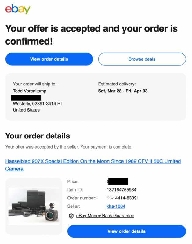 EBay order confirmation showing an accepted offer for a Hasselblad camera. Shipping to Westerly, RI, with estimated delivery dates, buyer’s name, and an image of a camera kit at the bottom.