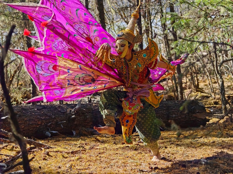 A person in an elaborate, colorful costume with large pink wings and a traditional mask poses in a forest, balancing on one leg amid fallen leaves and trees.