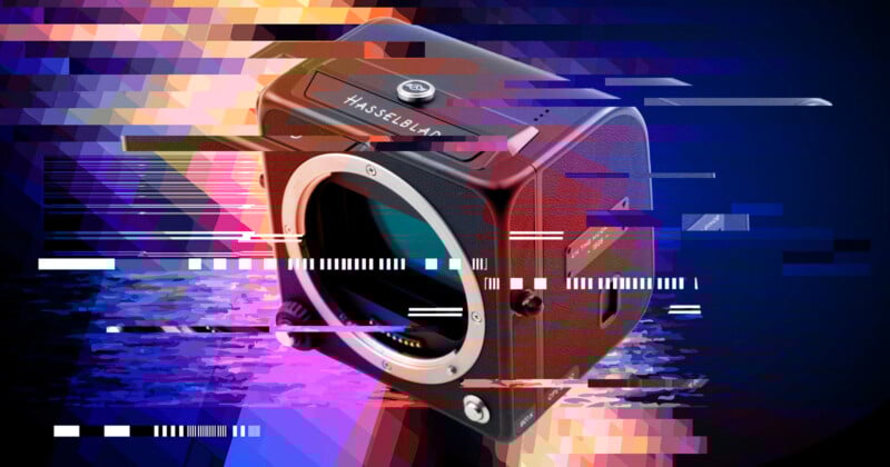 A digital illustration of a Hasselblad camera with colorful pixelated and glitch effects, blending purple, pink, blue, and black tones in a modern, abstract style.