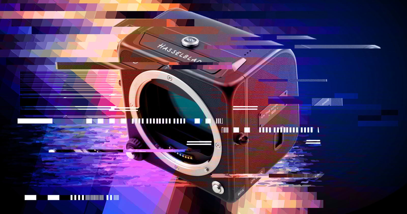 A digital illustration of a Hasselblad camera with colorful pixelated and glitch effects, blending purple, pink, blue, and black tones in a modern, abstract style.