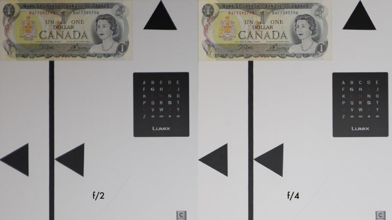 Two photos compare image sharpness at f/2 (left) and f/4 (right) using a test chart with a Canadian one-dollar bill and text chart. Image at f/4 appears sharper and clearer than at f/2.