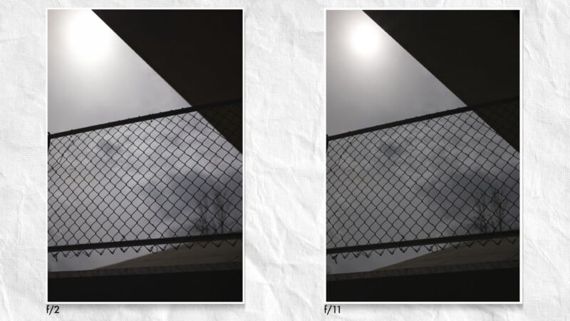 Two photos side by side show sunlight above a chain-link fence, with one image labeled f/2 (left, brighter, lower contrast) and the other f/11 (right, darker, higher contrast), illustrating aperture effects.