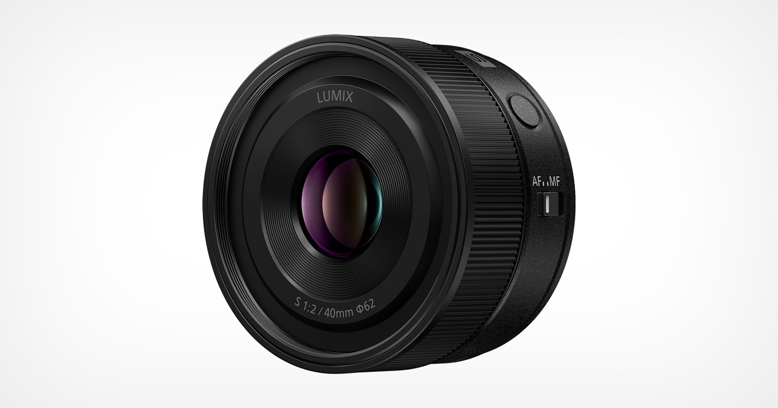 A black Lumix camera lens with a 40mm focal length, f/2 aperture, and manual/auto focus switch, shown on a white background.