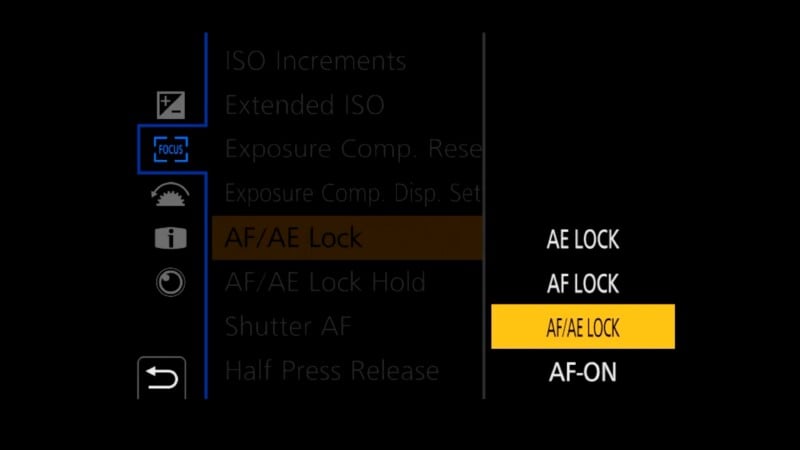 A camera settings menu highlights the "AF/AE Lock" option in yellow, with related options like "AE Lock," "AF Lock," and "AF-ON" listed beside it. Other menu icons appear on the left side.