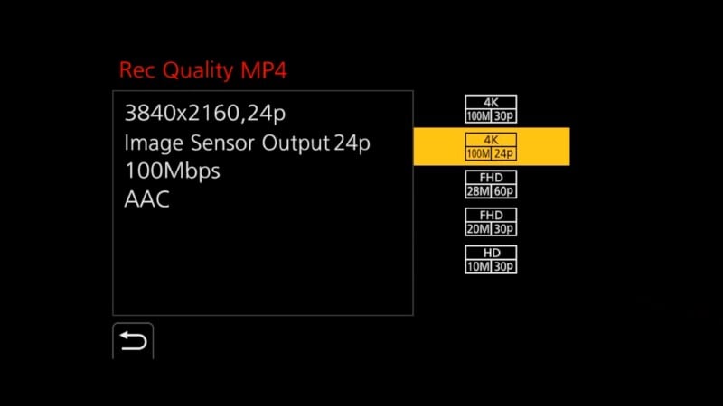 Camera menu screen showing video recording quality settings. "4K 4096x2160, 24p, 100Mbps, AAC" is selected, with other options including 4K 30p, FHD 60p, FHD 30p, and HD 30p visible on the right.