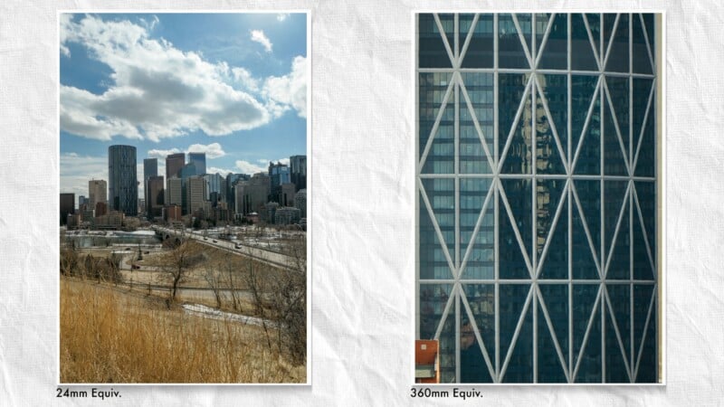  the left image is a wide view showing many buildings and sky, labeled "24mm Equiv."; the right is a close-up of one building's windows, labeled "360mm Equiv.