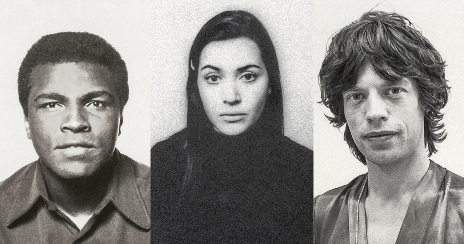 A black and white photo collage of three portraits: on the left, a man with short hair; in the center, a woman with long dark hair and a turtleneck; on the right, a man with tousled hair and a V-neck shirt.