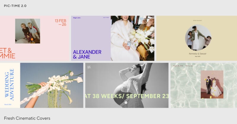 A collage of seven modern, pastel-toned wedding and maternity photo album covers with minimalist text, featuring couples, bouquets, a pregnant woman, and families, labeled with names and dates. Text below reads “Fresh Cinematic Covers.”.