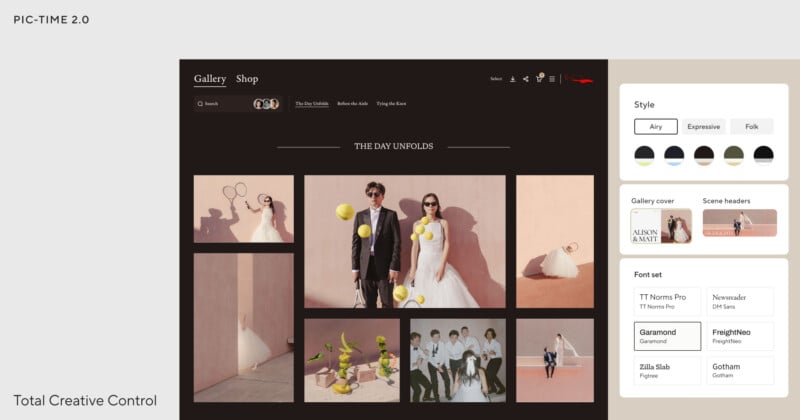 A website design interface displays a wedding photo gallery with pastel backgrounds, style customization options, and font selection tools on the right side of the screen.