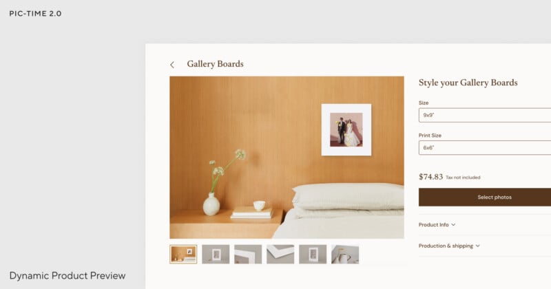 Screenshot of a website displaying a dynamic product preview for gallery boards, showing a framed photo above a bed, with size and print options, price, and photo selection on the right. Thumbnail images appear below the main preview.
