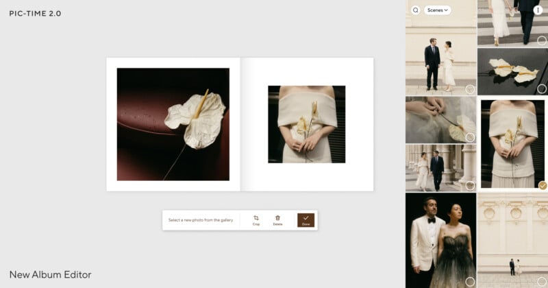 Screenshot of an online photo album editor showing a floral image on the left page and a person holding a white flower on the right, with a photo selection panel on the right side and editing tools below the album.