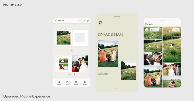 Three mobile screens show a photo album app with wedding photos. Screens display album creation, a cover titled "Sinead & Liam April 2026," and a photo grid with various outdoor group shots. Text: "Upgraded Mobile Experience.