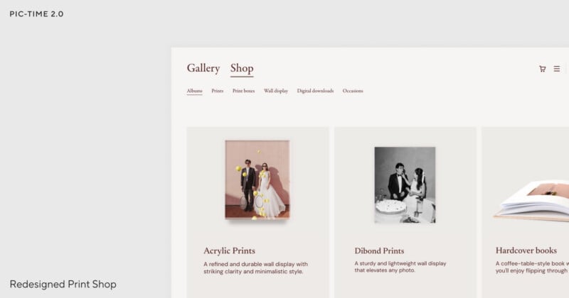 Screenshot of a minimalist online print shop with a beige and white layout. Tabs for Gallery and Shop are visible, showing product categories and images for Acrylic Prints, Dibond Prints, and Hardcover books.