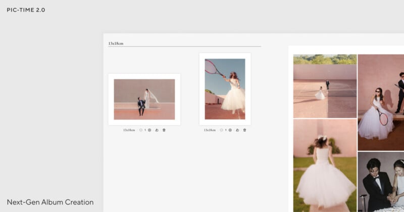 A digital interface shows a photo album creation tool with wedding photos, featuring a bride and groom. Thumbnails and layout options are displayed, with text "PIC-TIME 2.0" and "Next-Gen Album Creation" on the screen.