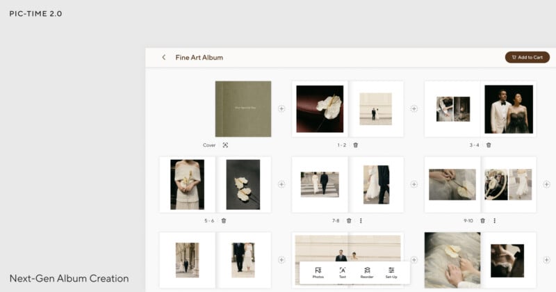 Screenshot of an online photo album creation tool displaying a "Fine Art Album" with a grid of photo spreads, a "Add to Cart" button, and navigation options at the bottom. Text reads "PIC-TIME 2.0" and "Next-Gen Album Creation.