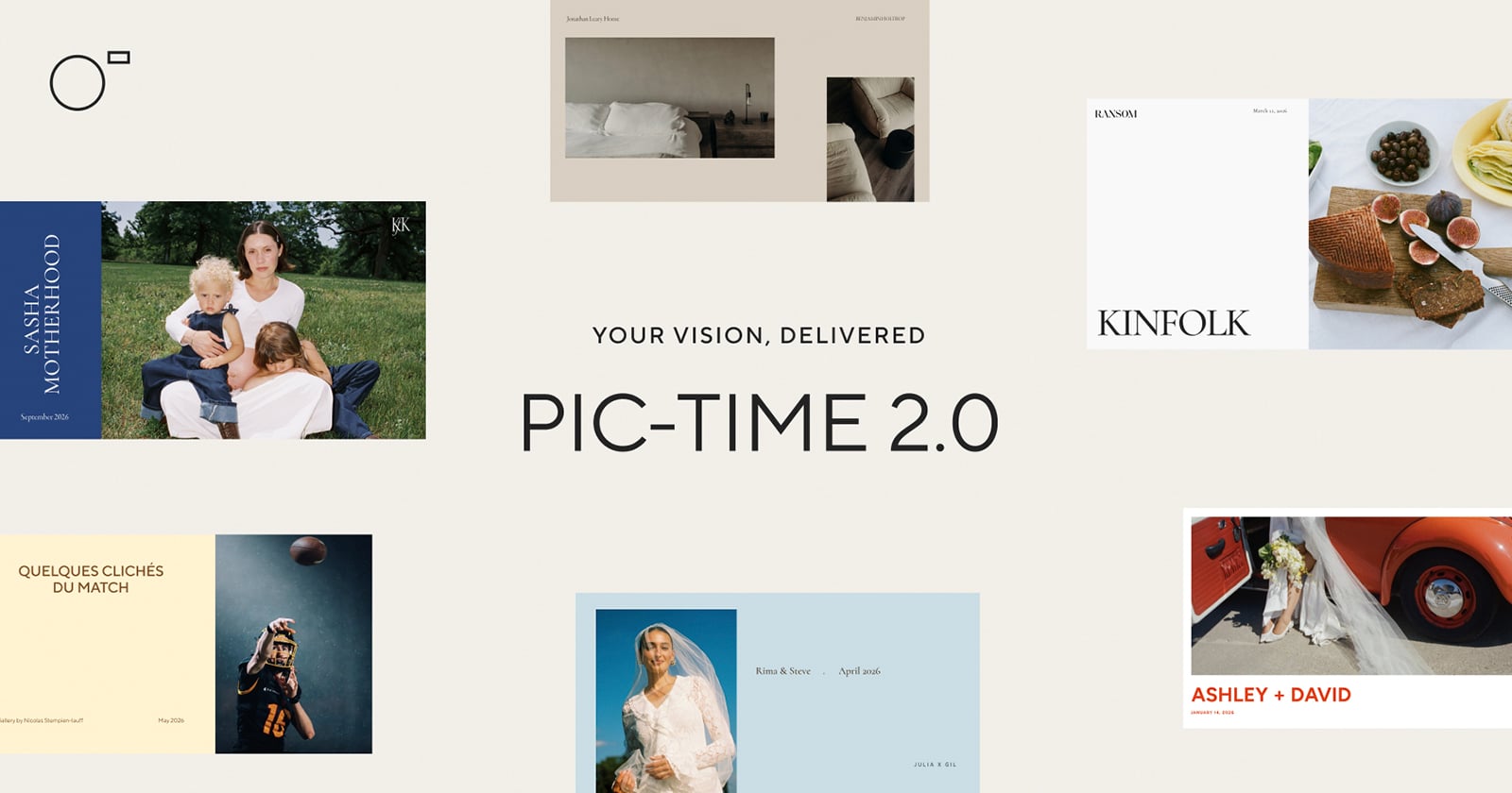 A collage of website previews surrounds the text "Your Vision, Delivered PIC-TIME 2.0" on a light background, showcasing photography, food, sports, weddings, and lifestyle themes.