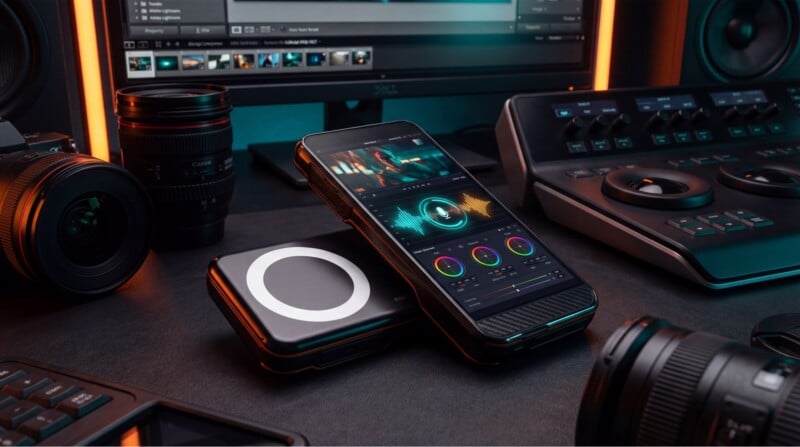 A smartphone displaying audio editing software rests on a portable device, surrounded by camera lenses, editing consoles, and a monitor, creating a modern digital media workspace.