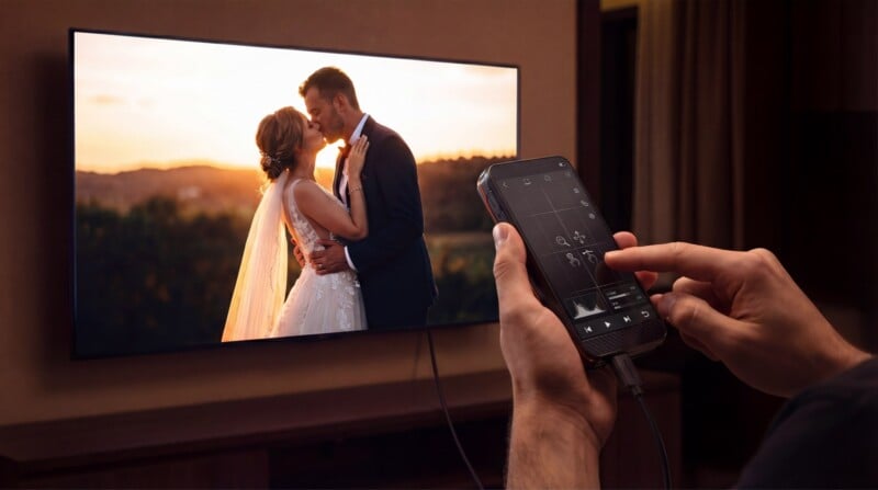 A person uses a smartphone connected by cable to a TV, controlling playback of a video showing a bride and groom about to kiss outdoors at sunset.