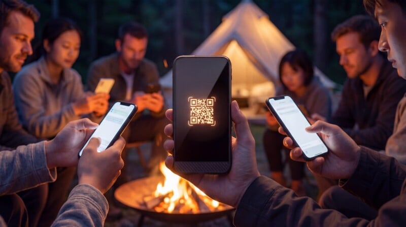 A group of people sit around a campfire near a tent in the woods at dusk, each holding a smartphone. One phone in the center prominently displays a glowing QR code on its screen.