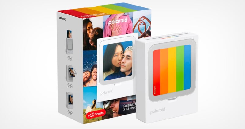 A Polaroid photo printer and its packaging box are shown. The box features colorful rainbow stripes, printed sample photos, and people smiling, with the printer displaying the same rainbow design on its front.