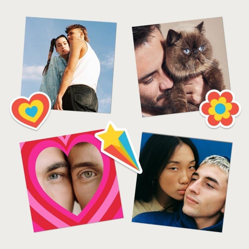  a couple embracing outdoors, a person holding a fluffy cat, two people with faces framed by a heart, and a couple close together. Colorful heart, flower, and star stickers decorate the collage.