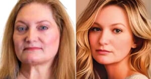 Side-by-side portraits of two women with long blond hair; the woman on the left appears older with minimal makeup, while the woman on the right looks younger with styled hair and a smooth complexion.