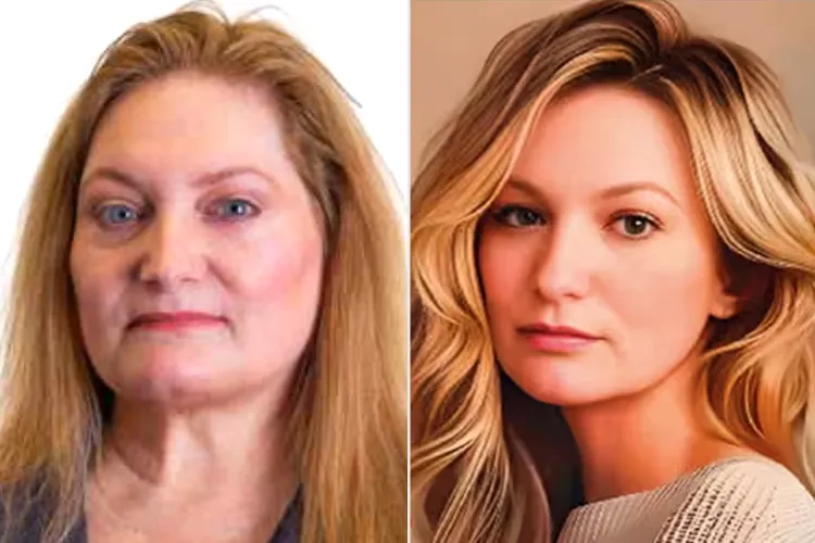 Retrato de lado a lado de una mujer rubia con pelo largo; a la izquierda, parece mayor con un mínimo de maquillaje; a la derecha, parece más joven con una piel más suave, maquillaje mínimo y cabello peinado.
